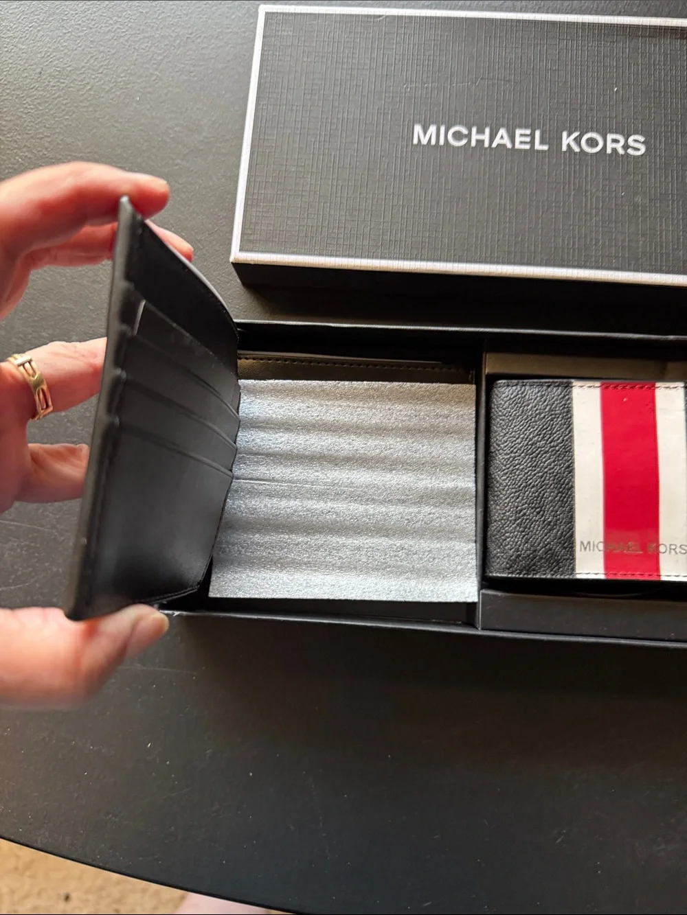Michael Kors Men’s Black Leather Wallet Set with Red & White Stripe